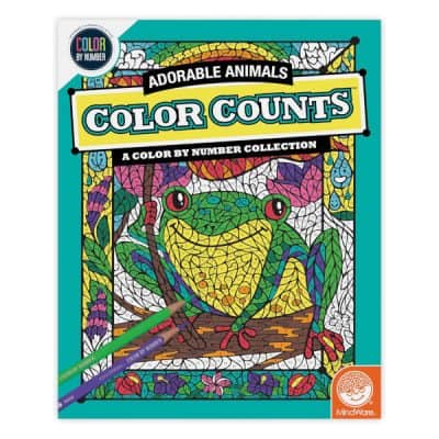Image of cover of "Color by Numbers Color Counts: Adorable Animals" book. Cover is teal green with half colored image of a tree frog.