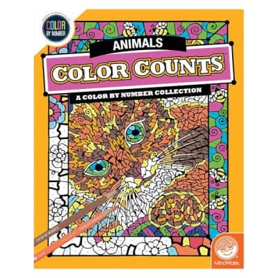 Image of cover of "Color by Numbers Color Counts: Animals" books. Cover is orange with a half colored cat image.