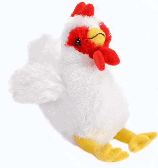 A plush Hug Ems chicken with a red beak and white feathers.