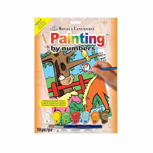 Image of packaging for "My First Paint By Numbers: Farm Animals" Package is flat, with image of child painting an farm scene. Paint pots and paintbrush are visible below.