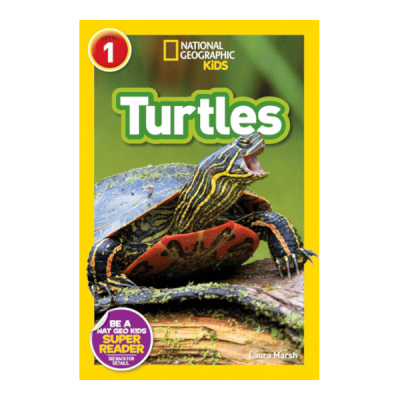 Image of the cover of the book, National Geographic reader Level 1: Turtles. Cover is Nat Geo yellow, with the phjoto of a turtle.