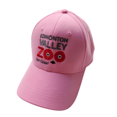 Image of a pink ball cap with the Edmonton Valley Zoo Red Panda Logo on it