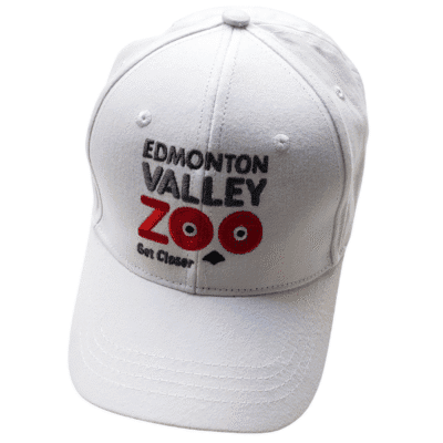 Image of white ball cap with Edmonton Valley Zoo Red Panda Logo on it