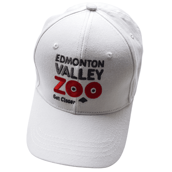 Image of white ball cap with Edmonton Valley Zoo Red Panda Logo on it