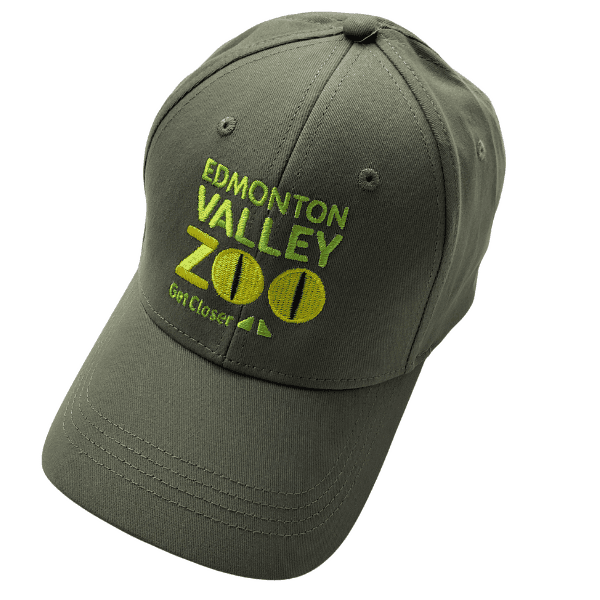 Image of an army green ball cap with the Edmonton Valley Zoo snake logo on the front