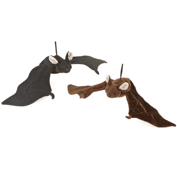 Image of 2 bat plush by Fiesta Toy. One is black and one is brown