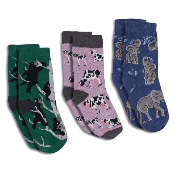Image of a 3 pack of children's socks for 1-2 years. One with bears, one with cows and one with elephants