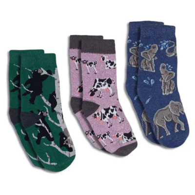 Image of a 3 pack of baby socks sizes 0-12 months. One with bears, one with cows and one with elephants